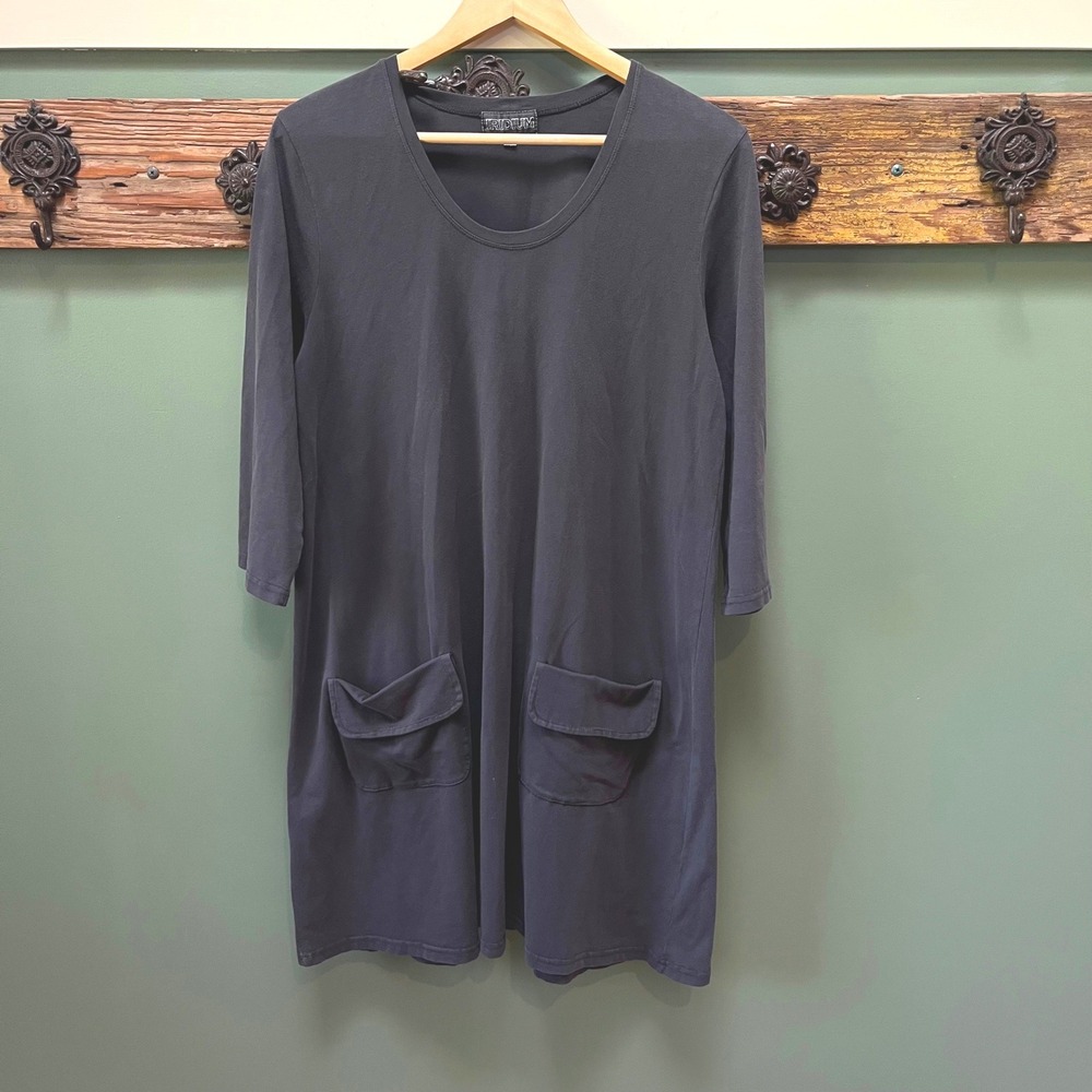 Iridium Black Cotton Lycra Scoop Neck 3/4 Sleeve T-Shirt Dress‎ with Pockets S